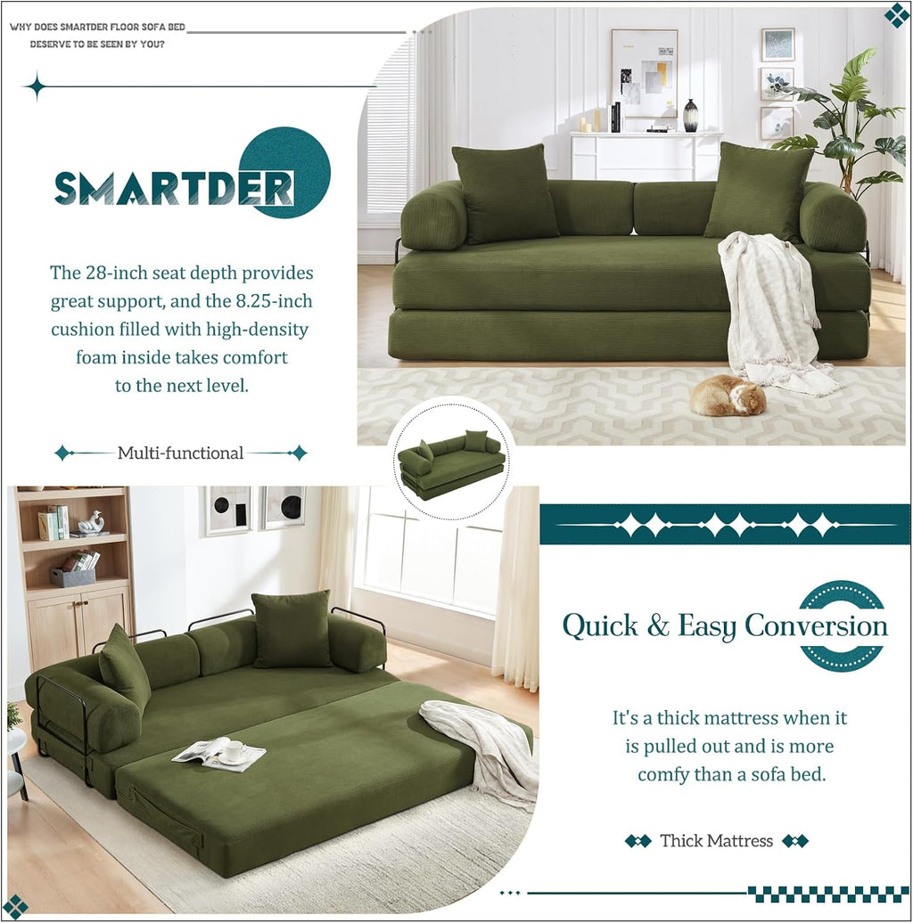 Convertible Folding Sofa Bed, Modular Floor Sofa with Removable Backrest, 3-Seater Fold Out Couch Bed with Pillows, King Size Futon Lazy Couch Corduroy Sleeper for Living Room, Dorm, Green