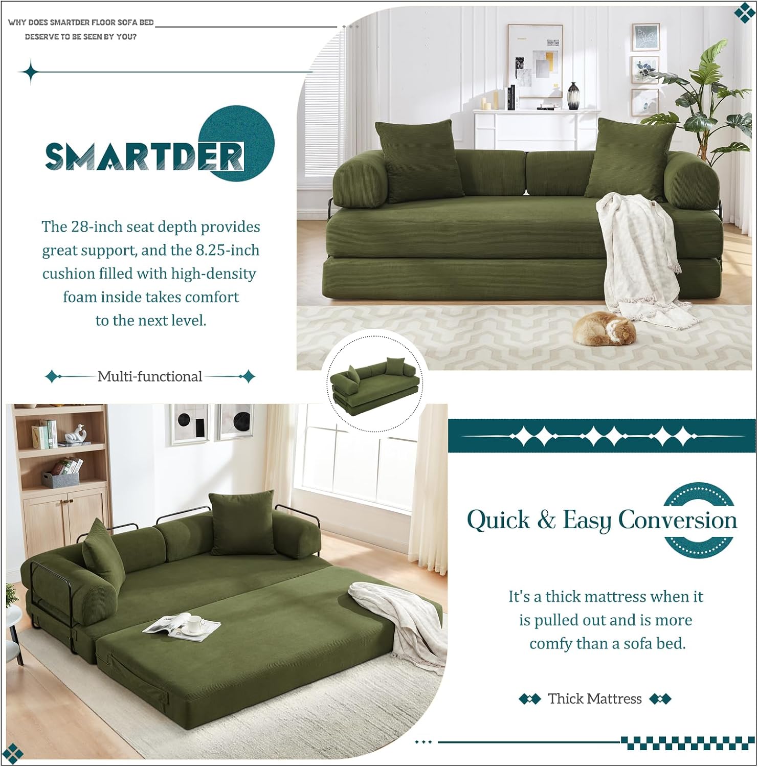 Convertible Folding Sofa Bed, Modular Floor Sofa with Removable Backrest, 3-Seater Fold Out Couch Bed with Pillows, King Size Futon Lazy Couch Corduroy Sleeper for Living Room, Dorm, Green