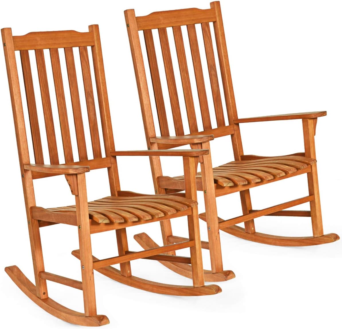 Giantex Set of 2 Porch Rocking Chair Outdoor and Indoor Use, Solid Eucalyptus Wood Rocker with Natural Finish, Front Porch Chairs for Patio Deck Garden, Wooden Rocking Adirondack Chair Set
