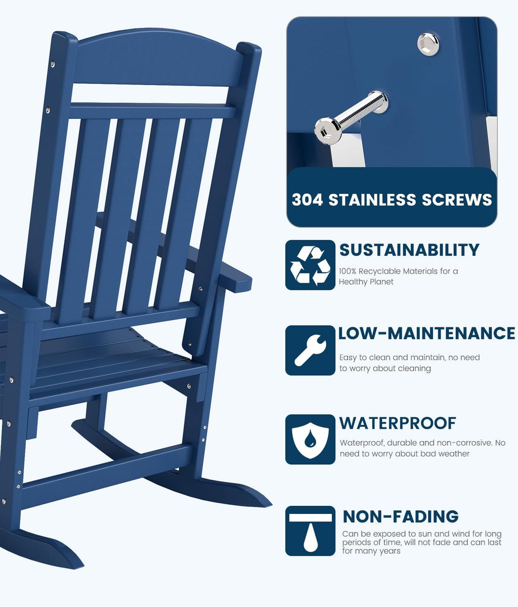 FOOWIN 3-Piece Outdoor Rocking Chairs Set, High Back Patio Rocker with Side Table, HDPE All Weather Resistant Oversized Rocking Chairs for Indoors, Porch, Patio, Backyard, Navy Blue