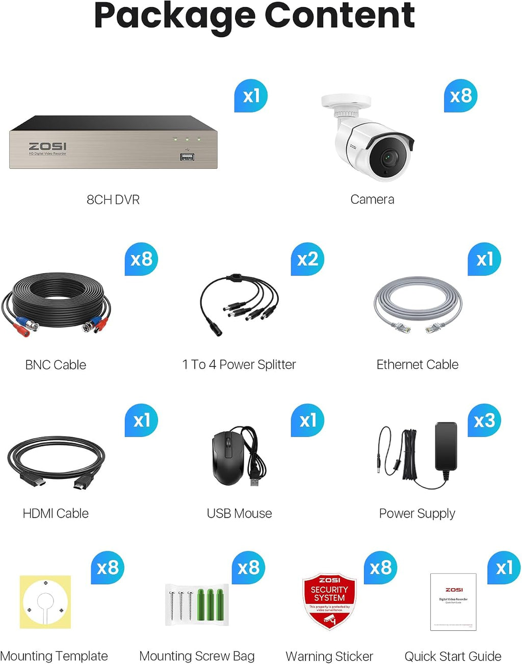ZOSI 8CH Security Camera System, 8pcs 1080P Full HD Weatherproof Indoor Outdoor CCTV Wired Cameras, Human Vehicle Detection, Night Vision, 8 Channel Surveillance DVR System, NO Hard Drive