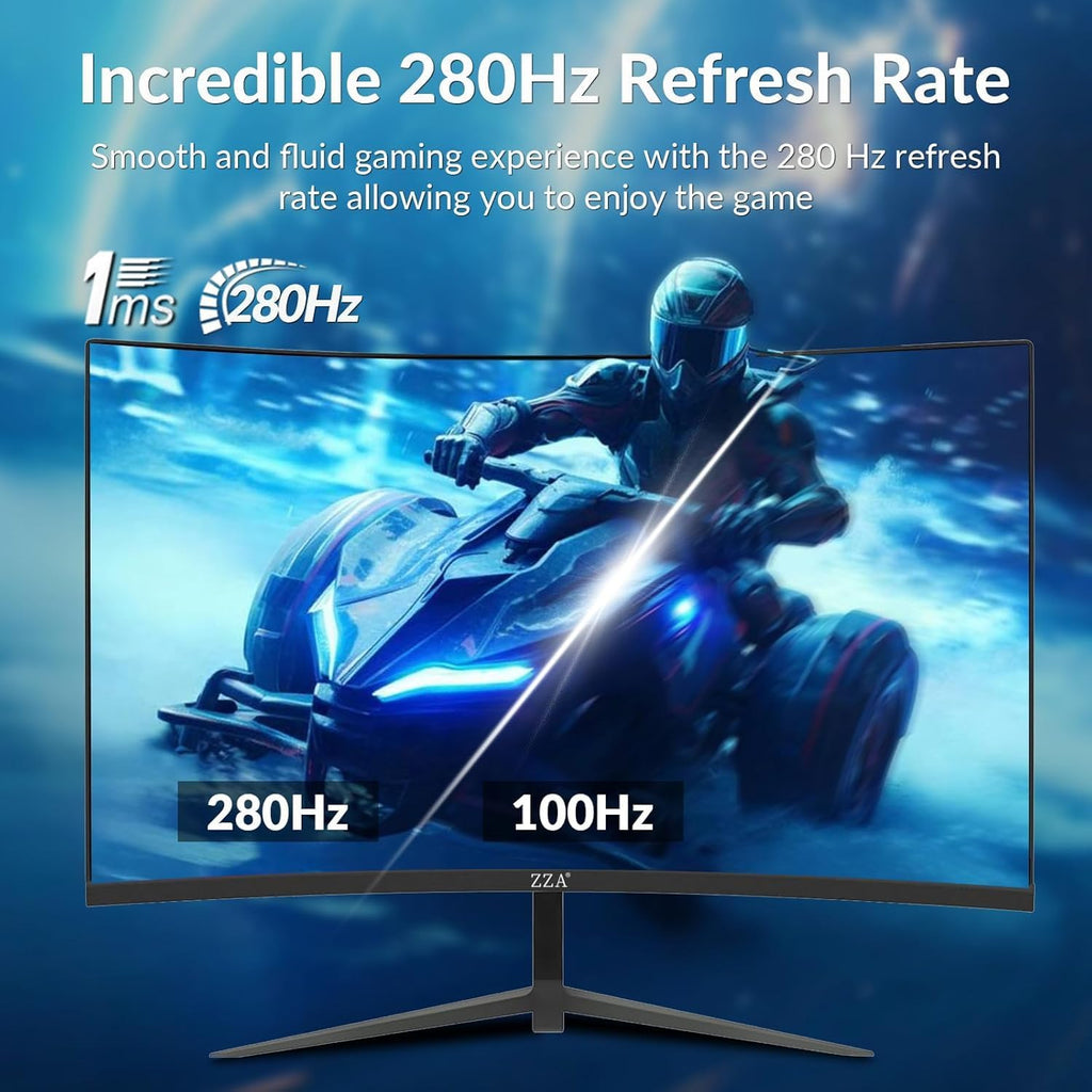 ZZA 27 Inch Curved Monitor 280Hz/240Hz FHD 1080P,Gaming Monitor 1800R VA Screen,Monitor 27 Inch 4000:1 120% sRGB,1Ms,AMD FreeSync,HDR,Low Blue Light,HDMI DP,VESA Support, DP Cable Incl