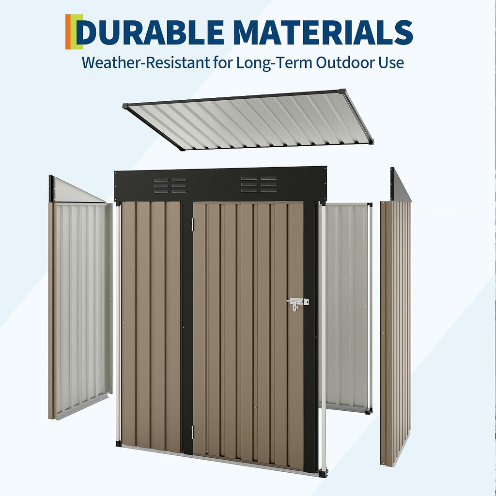 GarveeLife 5x3 FT Outdoor Storage Shed, Tool Shed with Sloping Roof and Lockable Door, Compact Metal Tool Garden Shed for Garden, Backyard, Patio (Brown)
