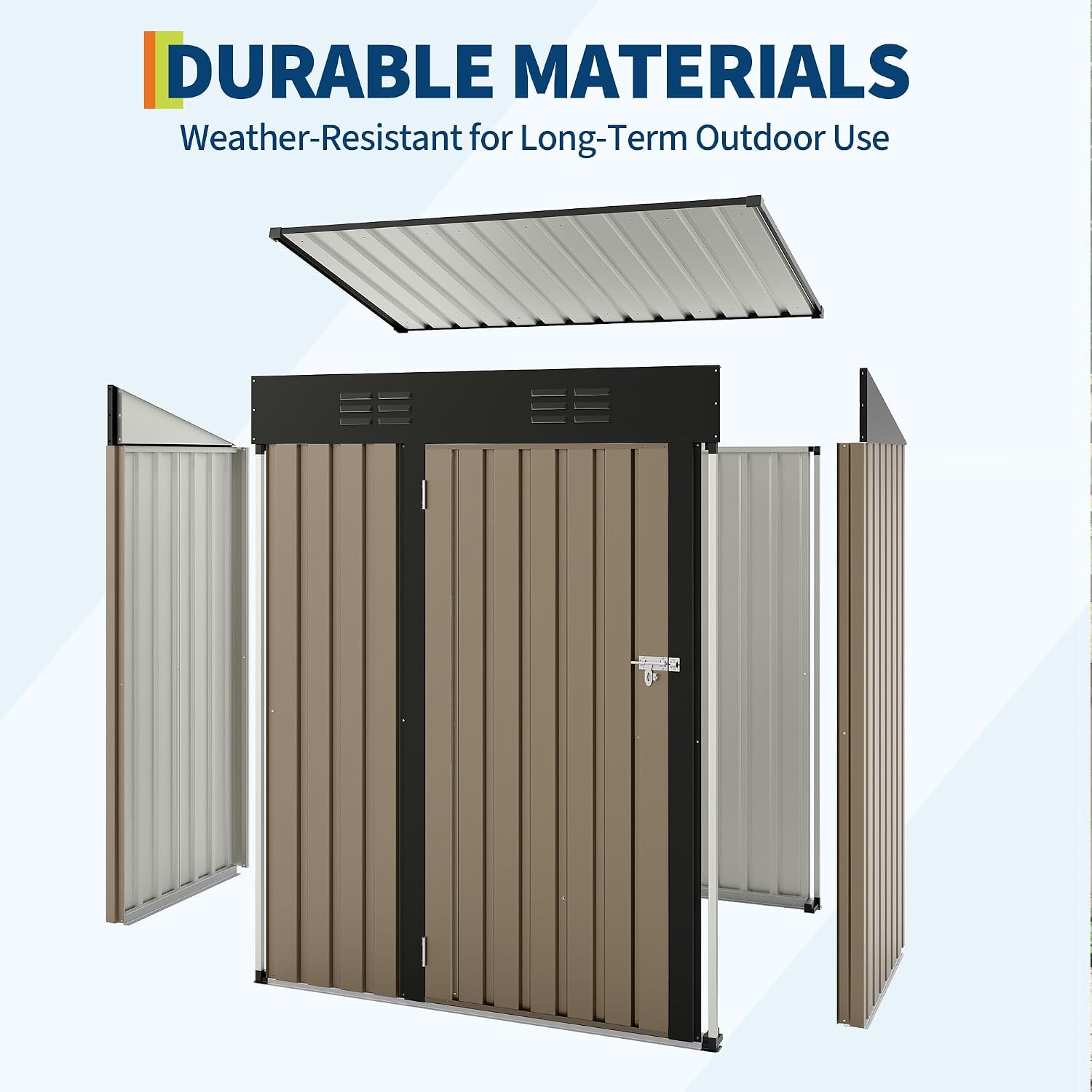 GarveeLife 5x3 FT Outdoor Storage Shed, Tool Shed with Sloping Roof and Lockable Door, Compact Metal Tool Garden Shed for Garden, Backyard, Patio (Brown)