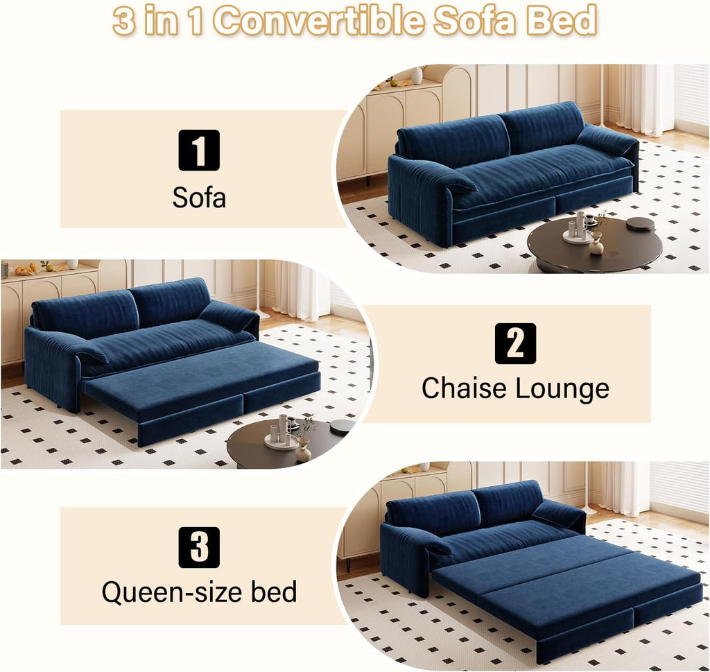 66' Sleeper Sofa Bed Queen Size, 3-in-1 Convertible Couch, Modern Pull Out Couches, Comfy Velvet Futon Sofa, Cloud Loveseat Lounge, Pillow Arm, for Small Spaces, Living Room, Apartment, Blue