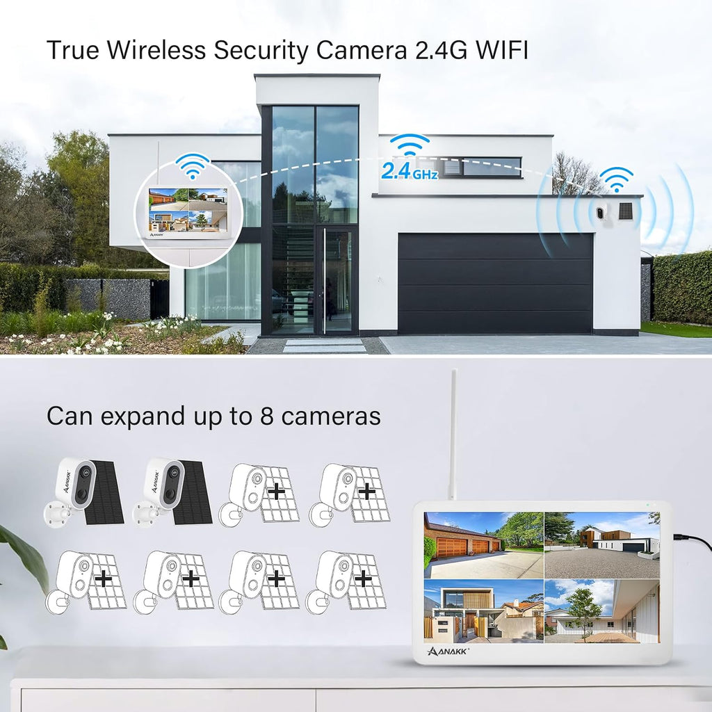 Solar Security Cameras System Wireless Outdoor with Monitor, 2 Cameras Home Surveillance, Color Night Vision, 24/7 Recording, Motion Detection, Weatherproof, Expandable to 10CH, No Monthly Fee (White)
