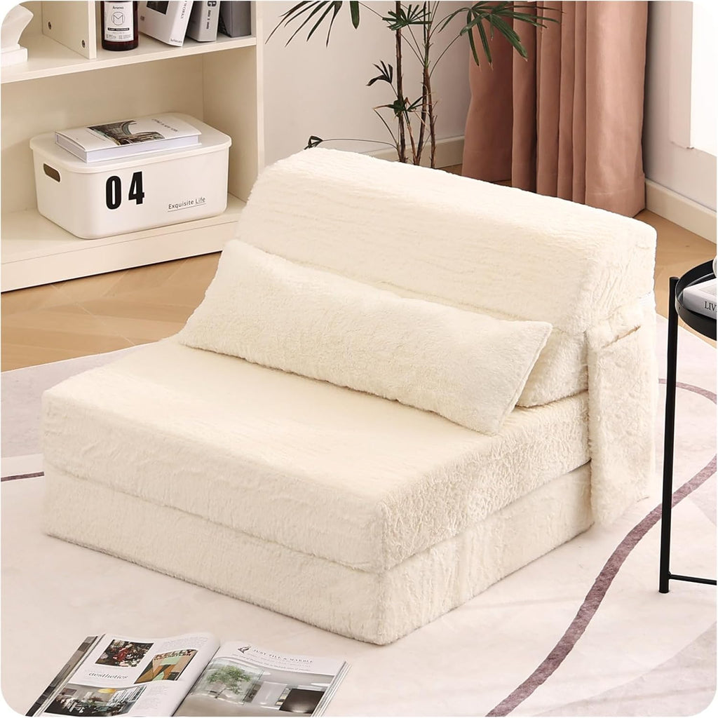 Tiita Convertible Folding Sofa Bed Single Size for Adults with Pillow, Plush Fabric Floor Mattress Couch Bed, Washable Cover & Side Pocket, Guest Room, Dorm, Apartment, Living Room, Beige