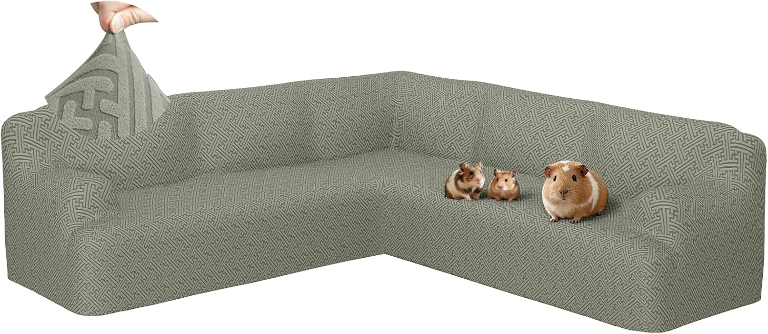 Sectional Couch Covers L Shape Sofa Cover 1-Piece Stretch Corner Couch Covers Non Slip Washable Sofa Slipcovers Soft Fleece Furniture Protector for Dogs Pet (Medium, Grayish Green)