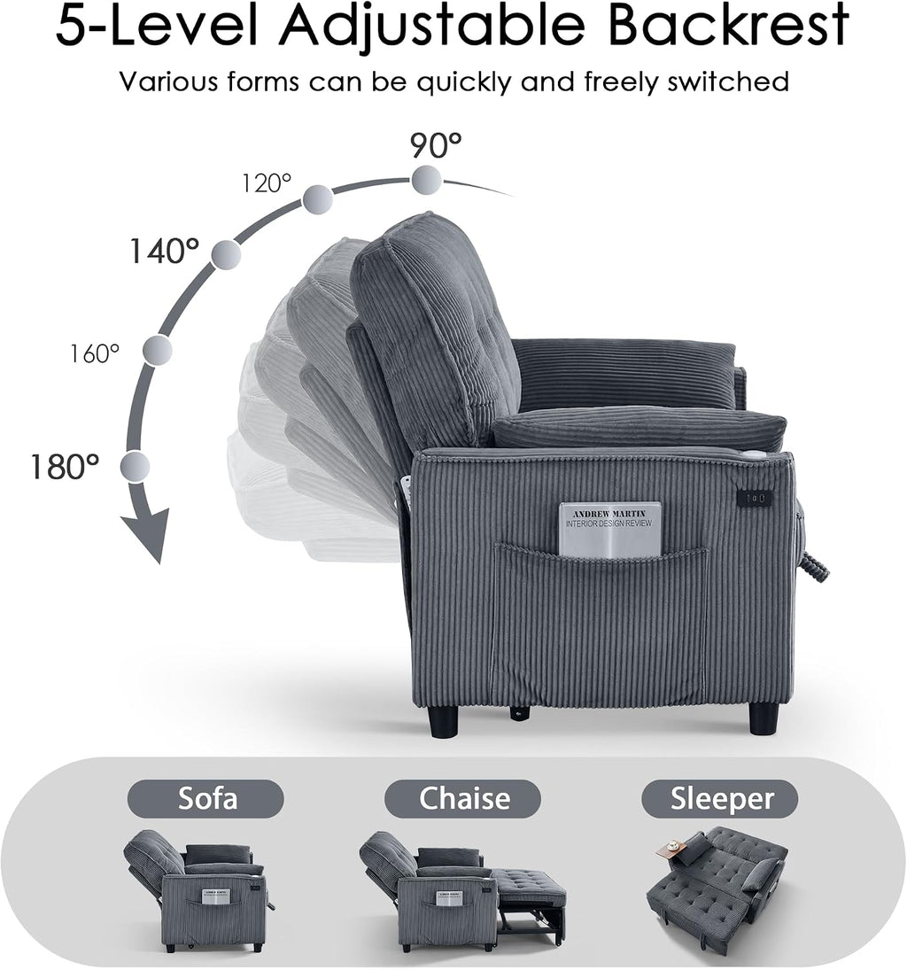 Sleeper Sofa Bed, 54'' Convertible Pull Out Couch with Small Table| USB Port | Side Pockets | Corduroy Fabric | Adjustable Backrest for Apartment, Office, Bedroom, Guest Room(Darkgray)