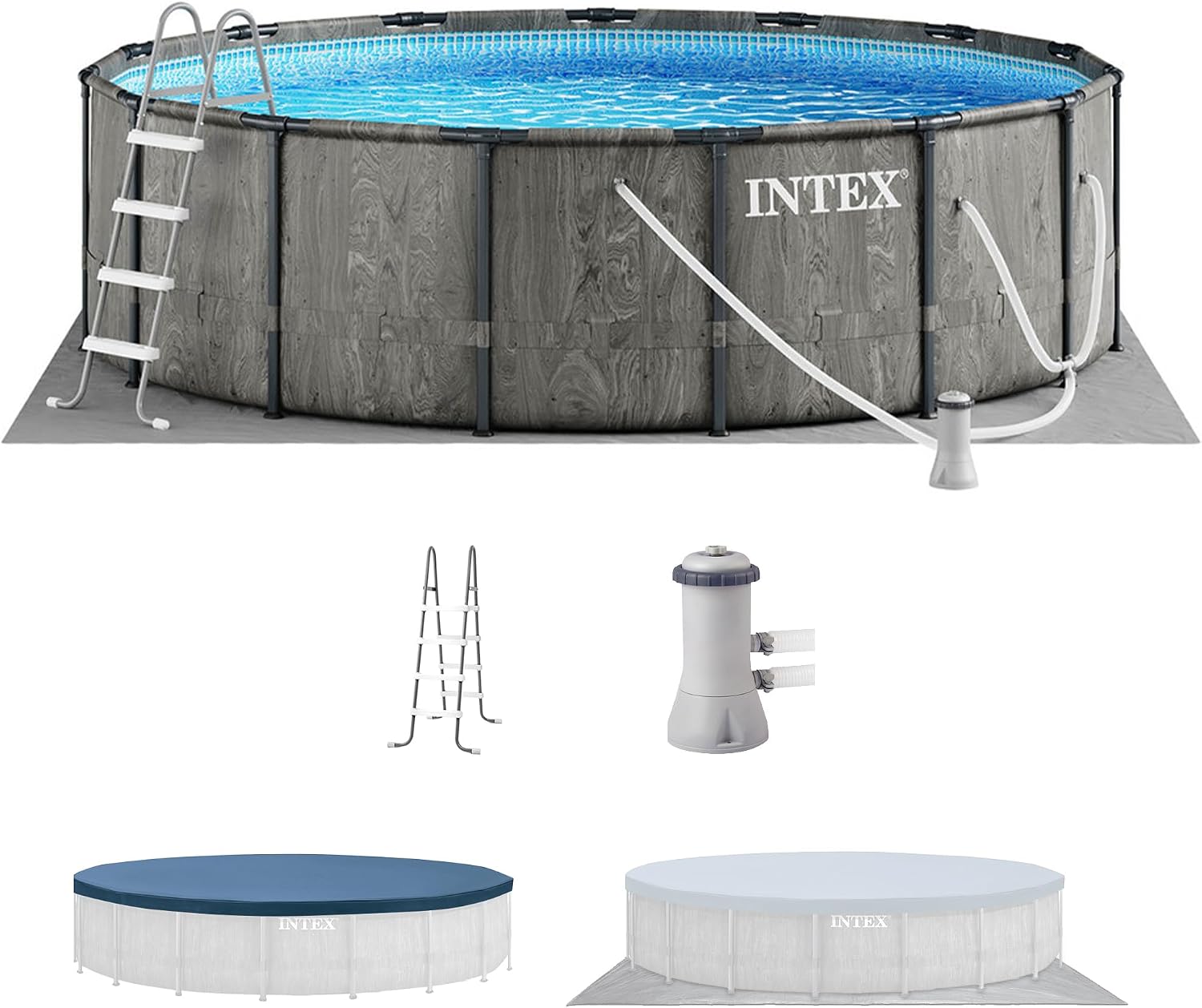 Intex Greywood Prism Frame 15' x 48' Round Above Ground Outdoor Swimming Pool Set with 1000 GPH Filter Pump, Ladder, Ground Cloth, and Pool Cover