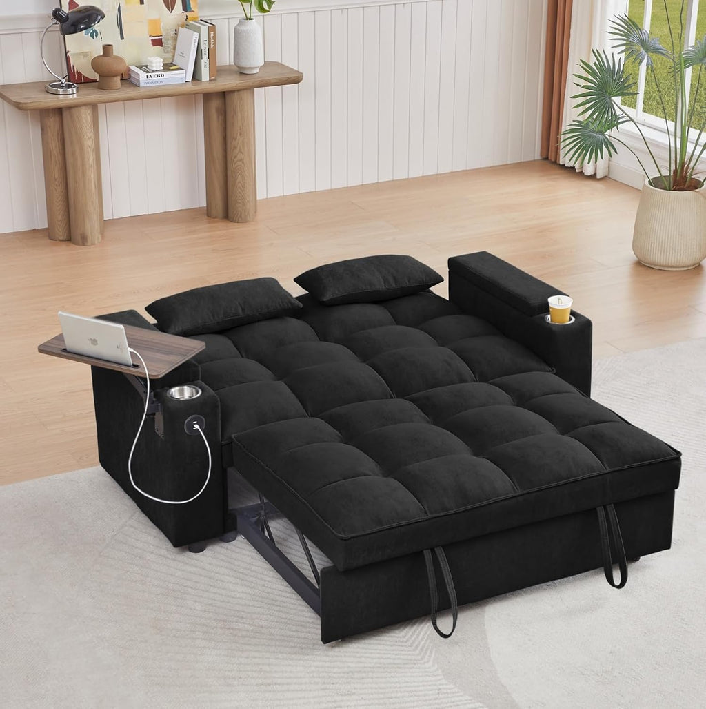 oaaktu ﻿ 65''Convertible Sleeper Sofa Bed,3-in-1 Pull Out Couch Bed with 360 Degree rotatable Side Table and USB Ports for Living Room,RV (07Black)