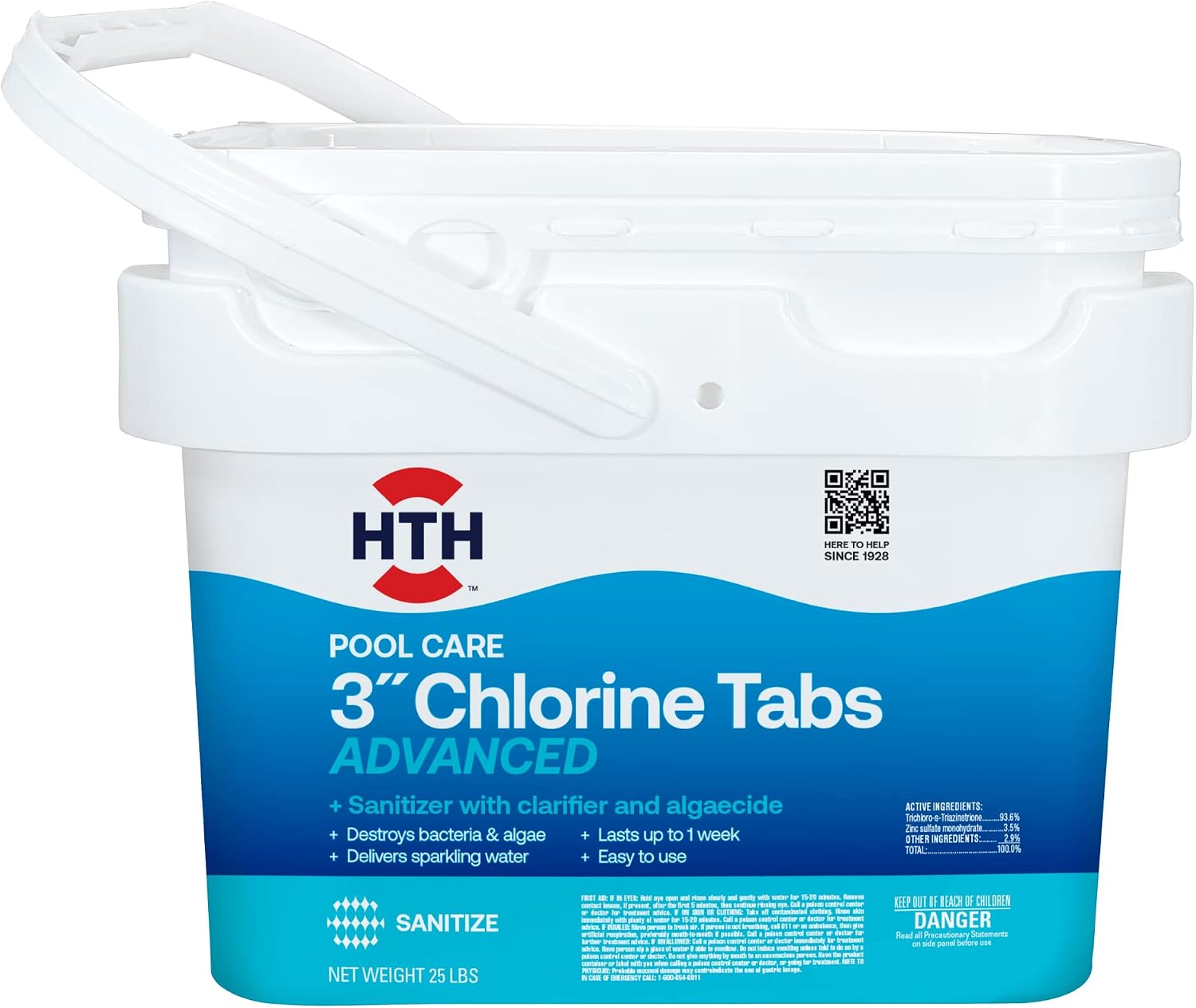 HTH 42055 Pool Care 3' Chlorine Tabs Advanced, Swimming Pool Sanitizer with Clarifier & Algaecide - Destroys Bacteria & Algae, Delivers Crystal Clear Water All Season, Slow Dissolving, 25 lbs