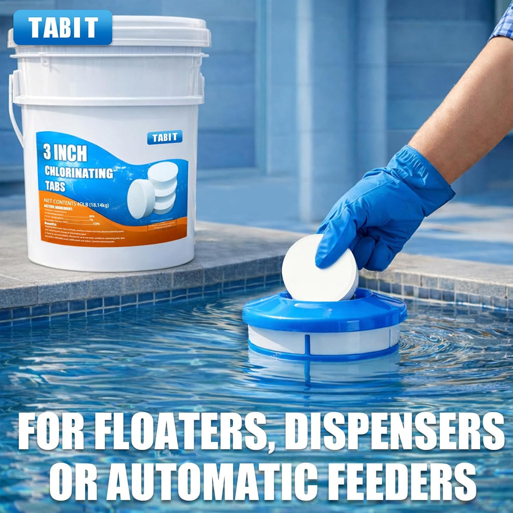 Chlorine Tablets 3 inch 40 Pounds, TABIT Swimming Pool Long Lasting Chlorinating Tablets, Slow Dissolving, Tri-Chlor for Swim Pool, Hot Tubs, Spa