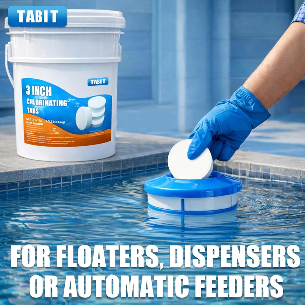 TABIT 120 lbs Chlorine Tablets 3 Inch for Swimming Pools – Slow Dissolving & Long Lasting – 99% Available Chlorine Tri-Chlor – Kills Bacteria & Stops Algae – 3 x 40 lb Buckets