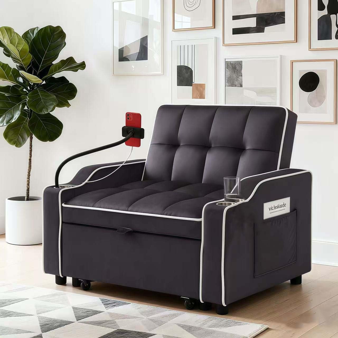 Convertible Armchair Sofa Bed with USB Port & Phone Holder, Pull-Out Single Chair Bed Sleeper for Small Spaces, Modern Upholstered Recliner Chair (Grey)