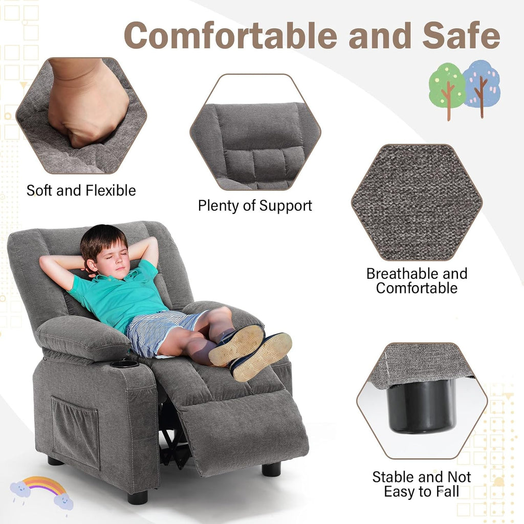 BOSMILLER Kids Recliner Chair， Push Back Toddler Recliner with Cup Holders & Side Pockets， Adjustable Footrest & Headrest Kids Sofa for Boys Girls 3+ Age Group