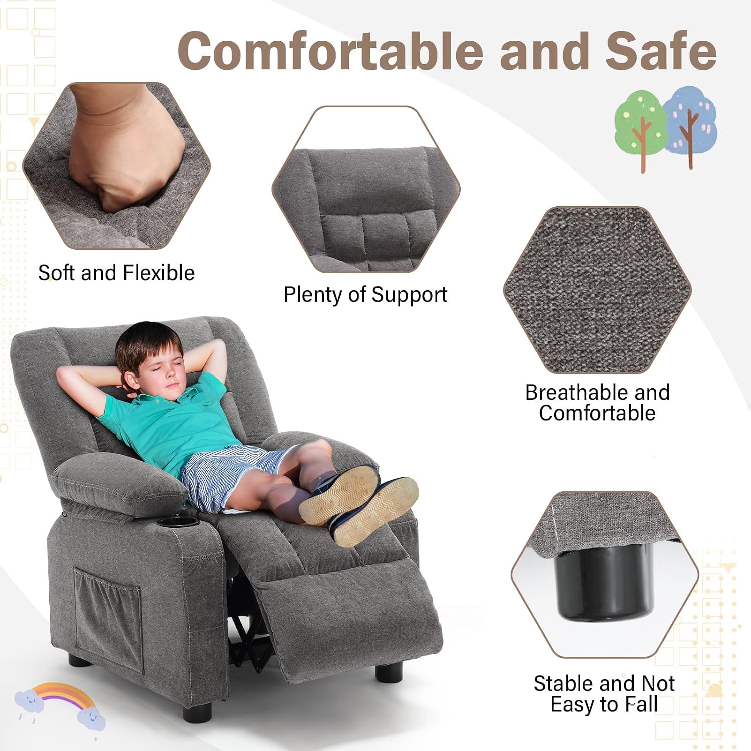 BOSMILLER Kids Recliner Chair， Push Back Toddler Recliner with Cup Holders & Side Pockets， Adjustable Footrest & Headrest Kids Sofa for Boys Girls 3+ Age Group