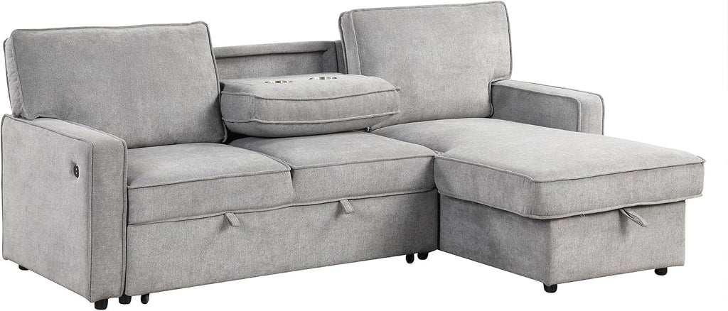 LUMISOL 89' Convertible Sleeper Sofa Bed, Modern L-Shaped Sectional Sofa Pull Out Couch with Chaise, Chenille Sofa Bed with Cup Holder, USB Ports for Living Room, Small Apartment, Gray