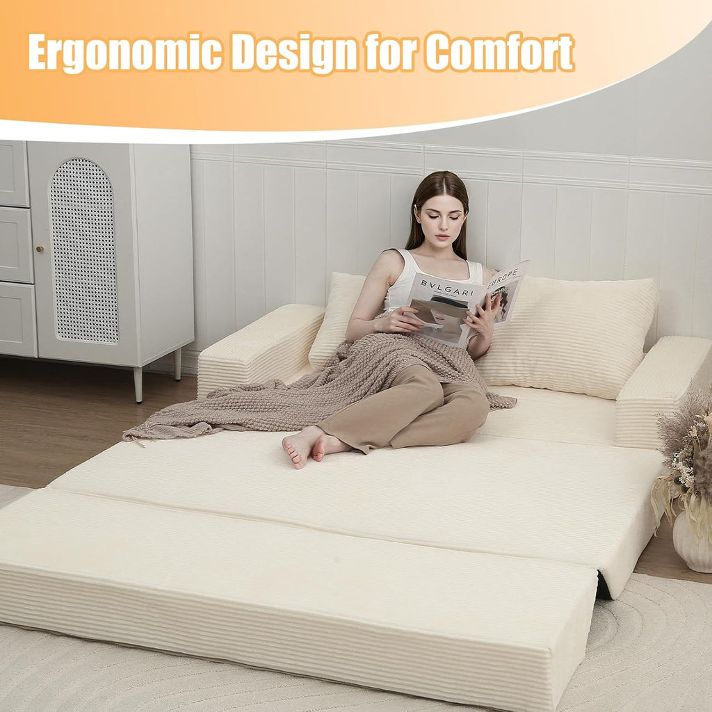 COMAX Convertible Sofa Bed Queen, Corduroy Folding Floor Couch Pull Out Couch Bed Futon Sleeper with Pillows, Fold Out Boneless Sofa Comfy Lounge Mattress Loveseat for Living Room Bedroom, Beige