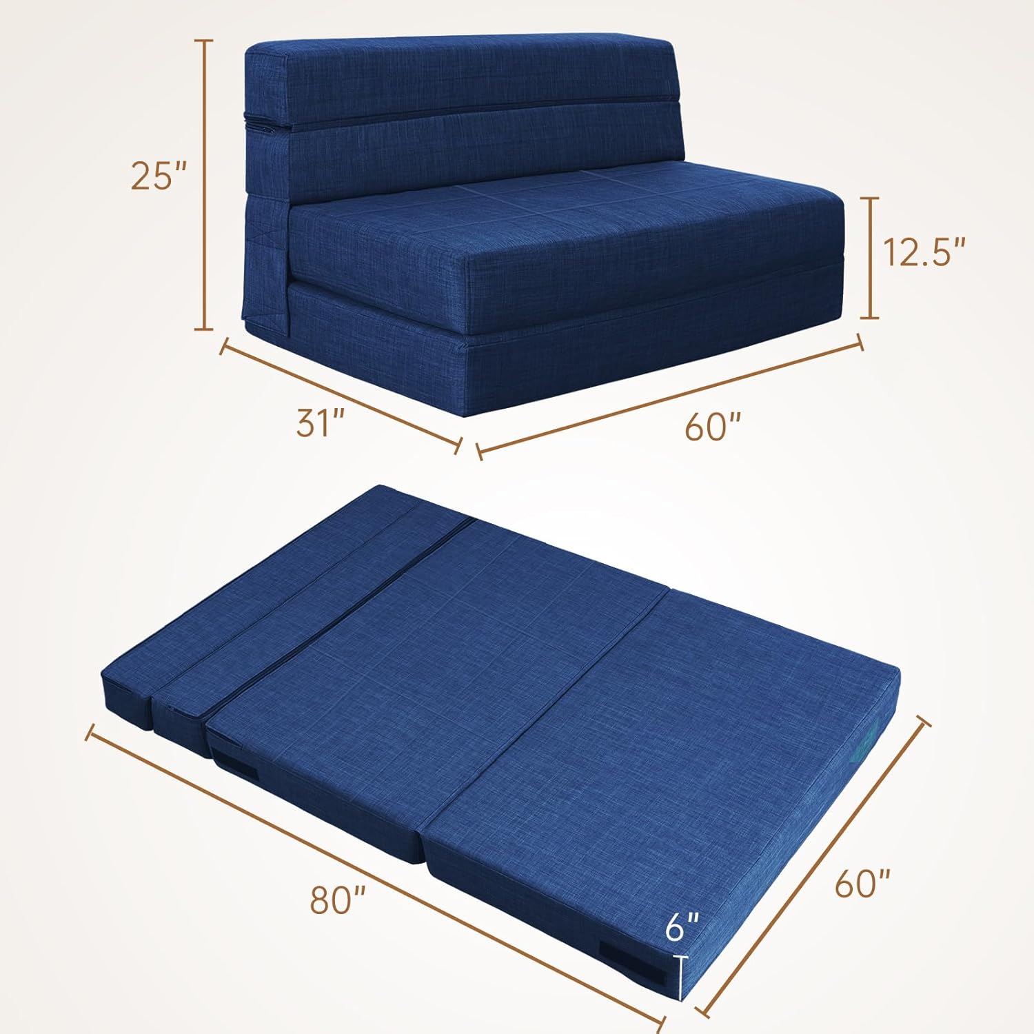 Nigoone 60 Inch Folding Sofa Couch Memory Foam with Pillow Convertible Sleeper Mattress Futon Lazy for Living Room, Washable Cover, Queen Size, Dark Blue
