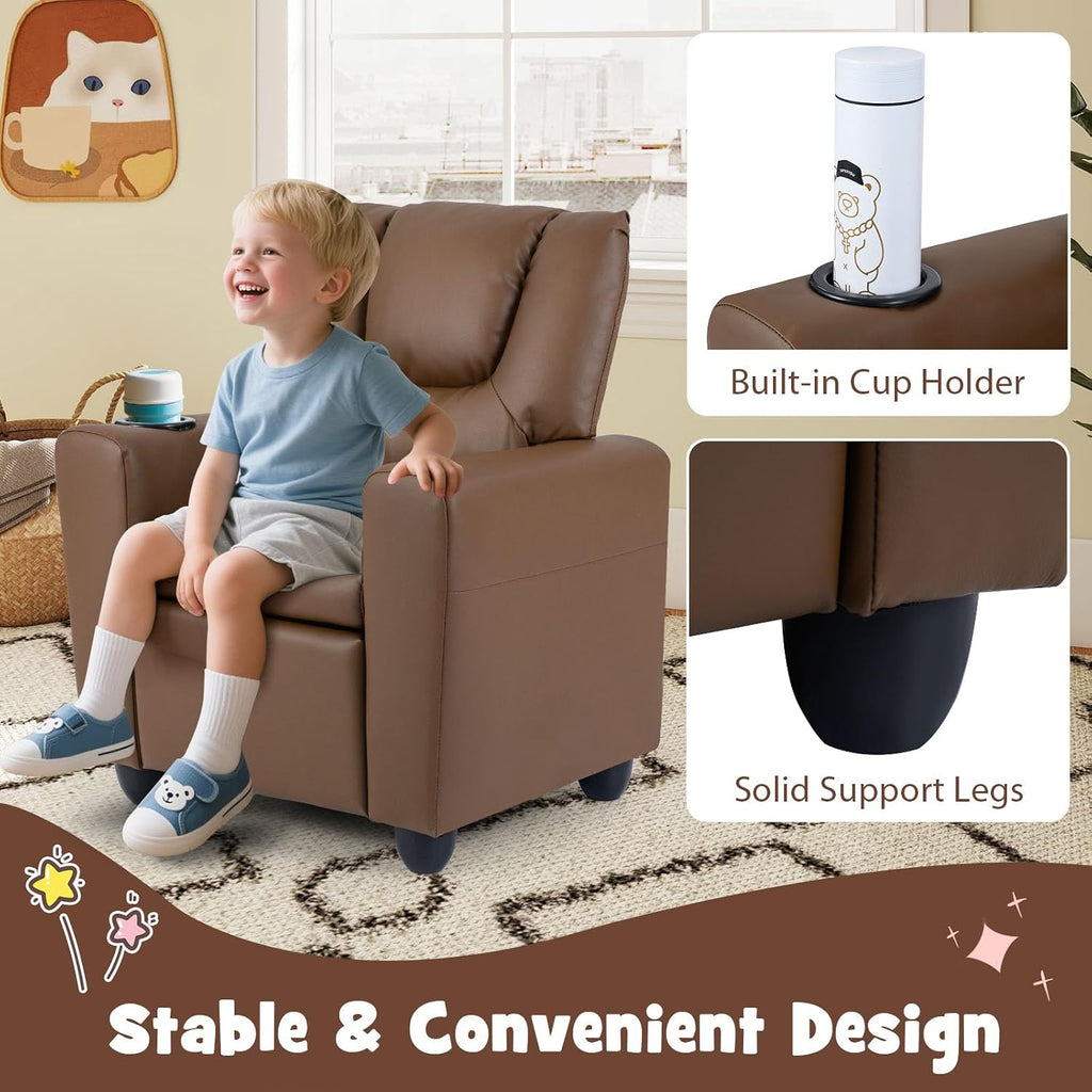 GLACER Kids Recliner with Cup Holder, PU Leather Toddler Lounge Chair w/Adjustable Backrest & Footrest, Spring-Loaded Seat Cushion, Push Back Toddler Sofa for Boys & Girls Ages 3+ Years Old (Brown)