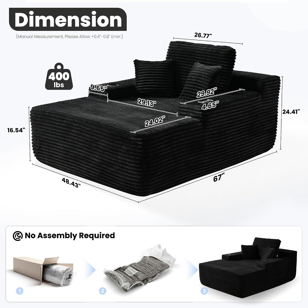ovios 67'' Chaise Lounge Chair Indoor, Oversized Upholstered Boneless Sofa Bed with Cup Holders, Deep Seat Sleeper Couch, Plush Cloud Sofas Couches for Living Room (Faux Fur, Black)