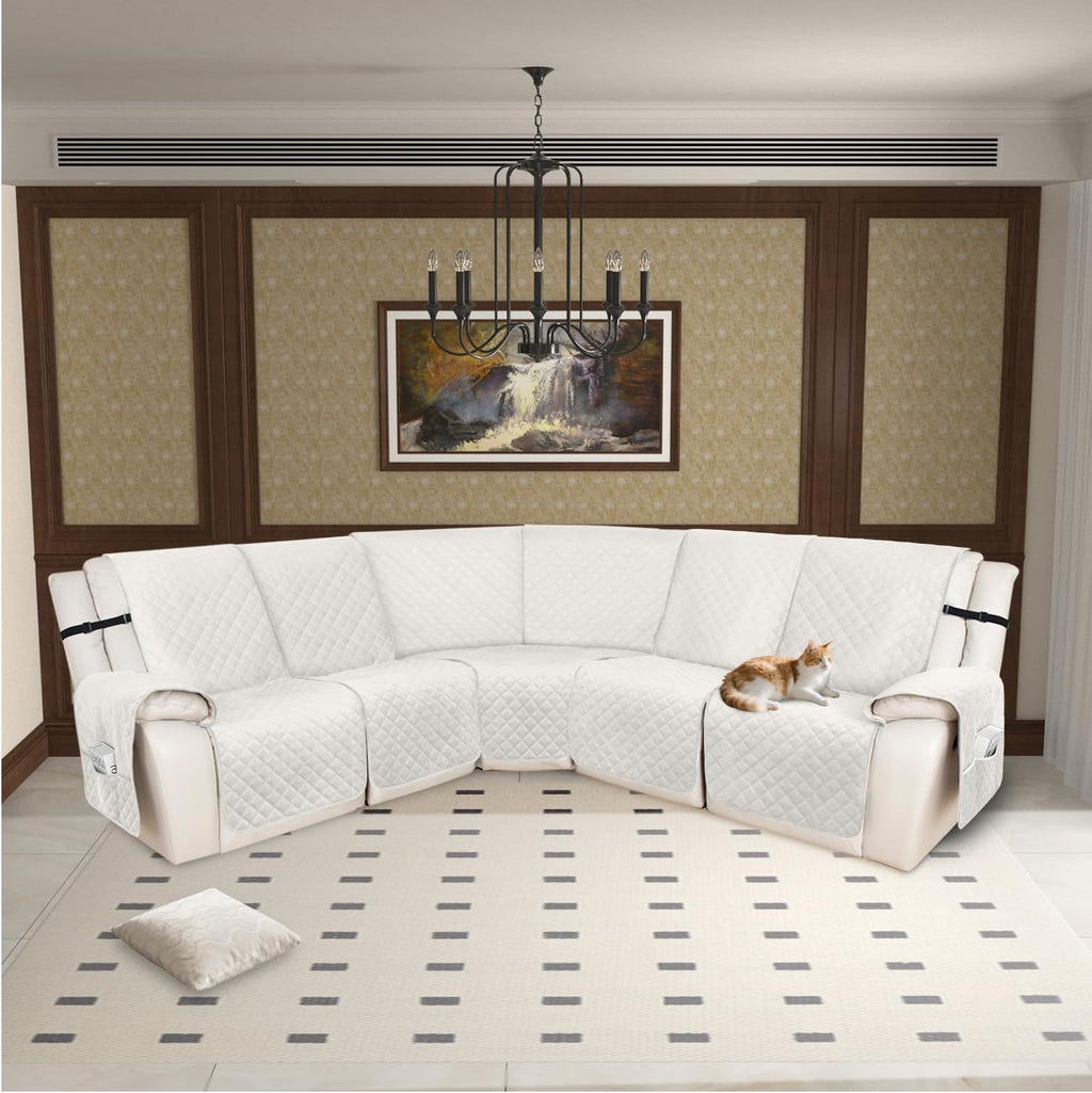 HDCAXKJ 100% Waterproof Velvet Recliner Sectional Couch Covers L Shaped Corner Reclining Sofa Cover Washable Thick Non Slip Sectional Slipcover with Pockets (5 Seat Recliner Couch, Ivory)