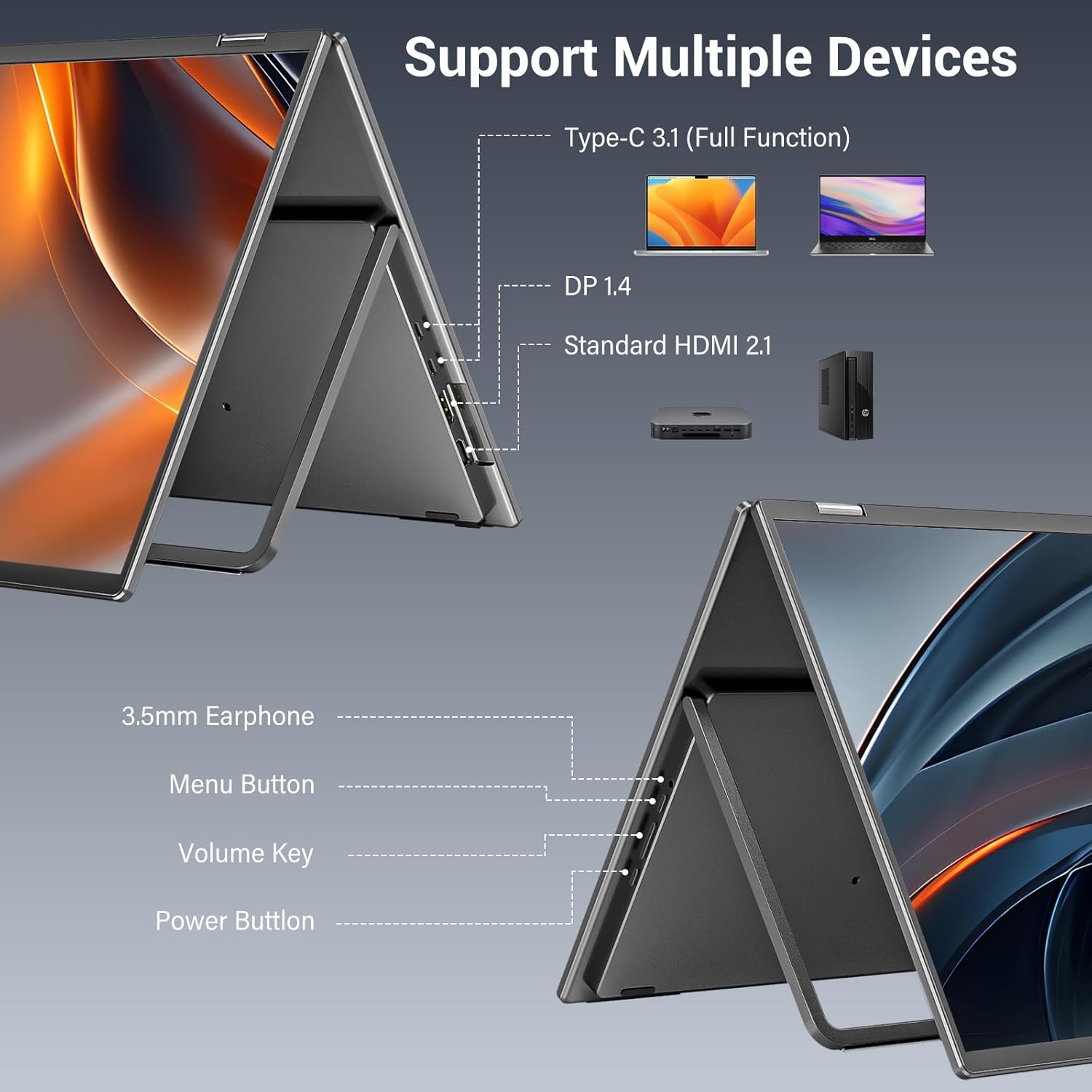 InnoView 18.5' Dual Portable Monitor 100Hz 2K 2560x1600P 100% sRGB Foldable & Stackable Design with 315° Screen Adjustment | DP/USB-C/HDMI, Second Monitor for Laptop, Mac, Windows