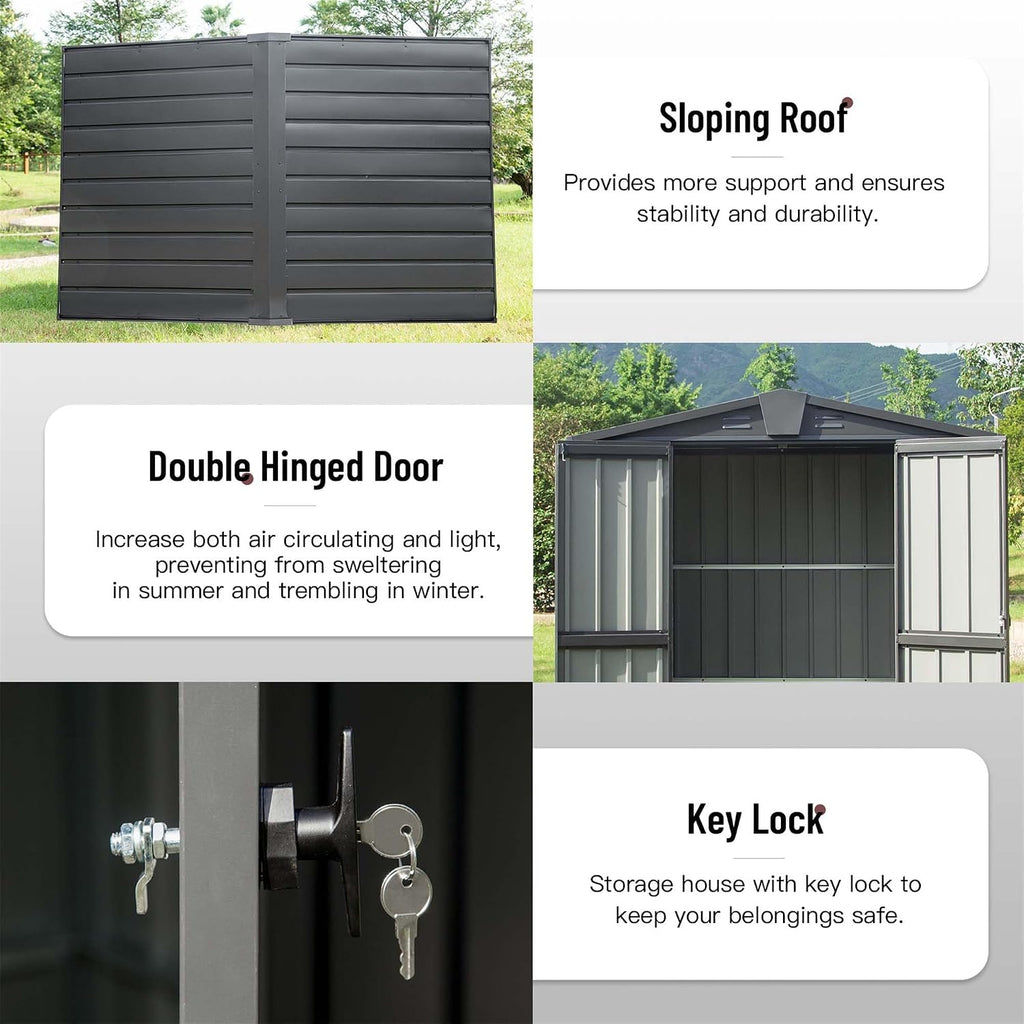 Small Outdoor Storage Shed 5.7x3ft Galvanized Steel, Large Capacity Garden Tool Shed with Gable Roof & Lockable Double Doors - Utility Shed for Patio, Backyard, Lawn (Dark Gray)
