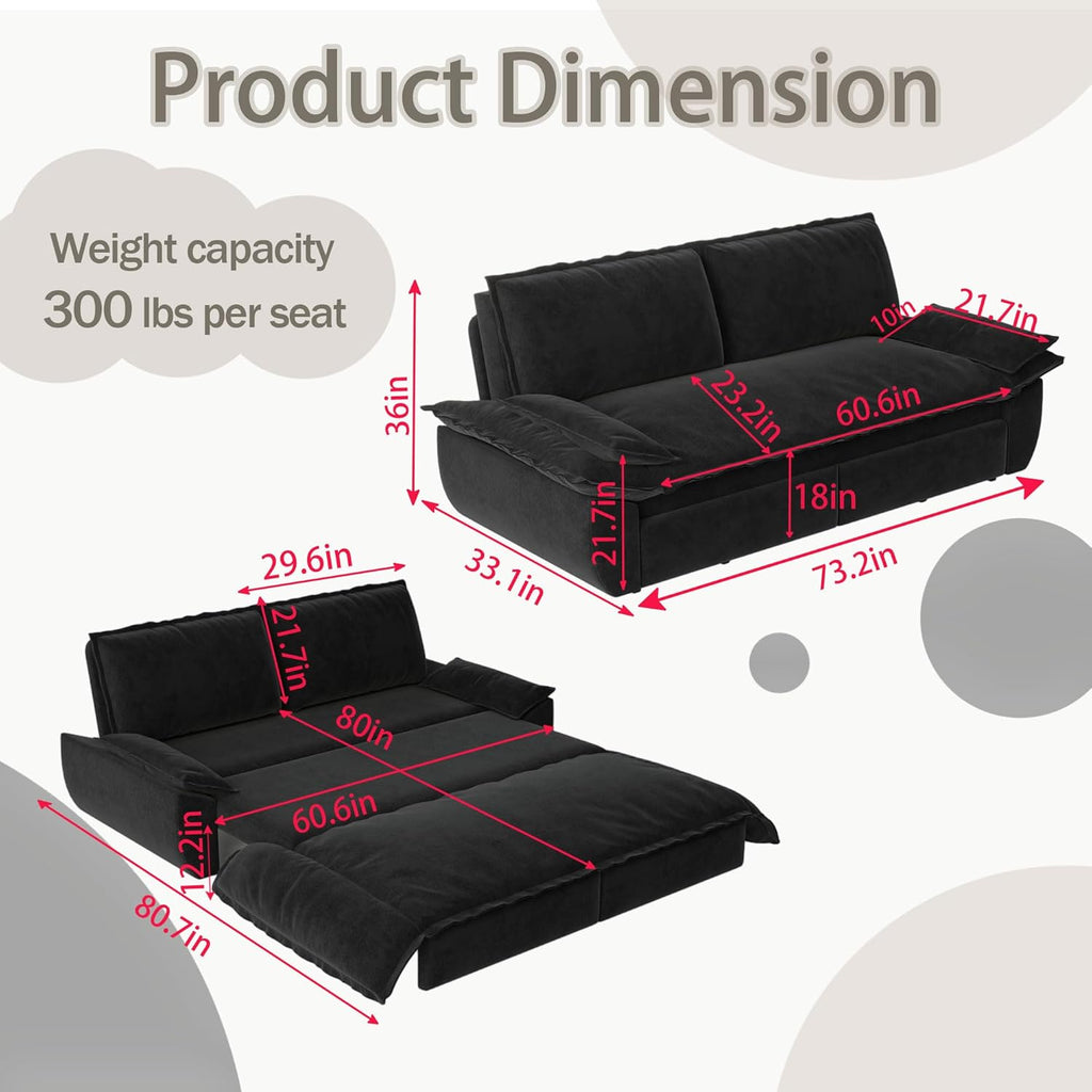 73.2' Queen Size Pull Out Sofa Bed, 3-in-1 Convertible Sleeper, Velvet Loveseat for Living Room, Apartment, Bedroom Small Spaces, Black (Mattress & Bedding Not Included)
