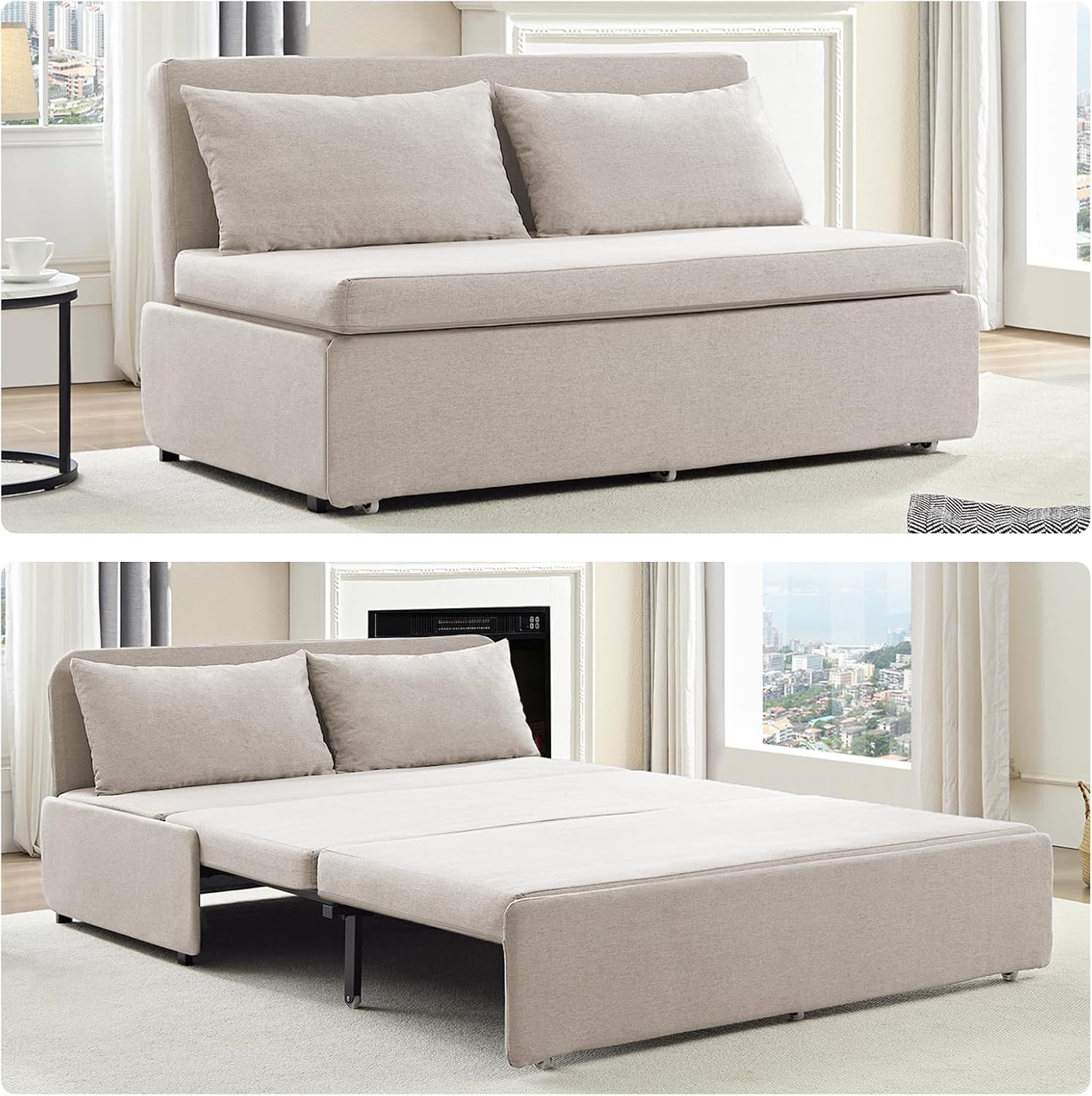 Mjkone 62' Width Pull Out Sleeper Sofa Bed Queen Size, 2-in-1 Modern Convertible Linen Sofa Sleeper Pull Out Couch Bed with Cushions & Throw Pillows for Living Room Home Office Small Place, Beige