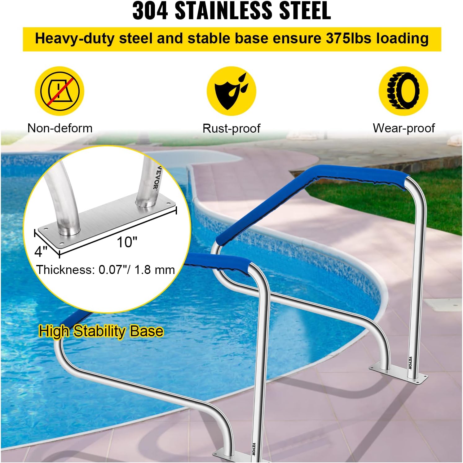 VEVOR Pool Handrail, 49.4' x 34' Stainless Steel Stair Rail, 375lbs Load Capacity, Quick Mount Base Plate, Complete Mounting Accessories