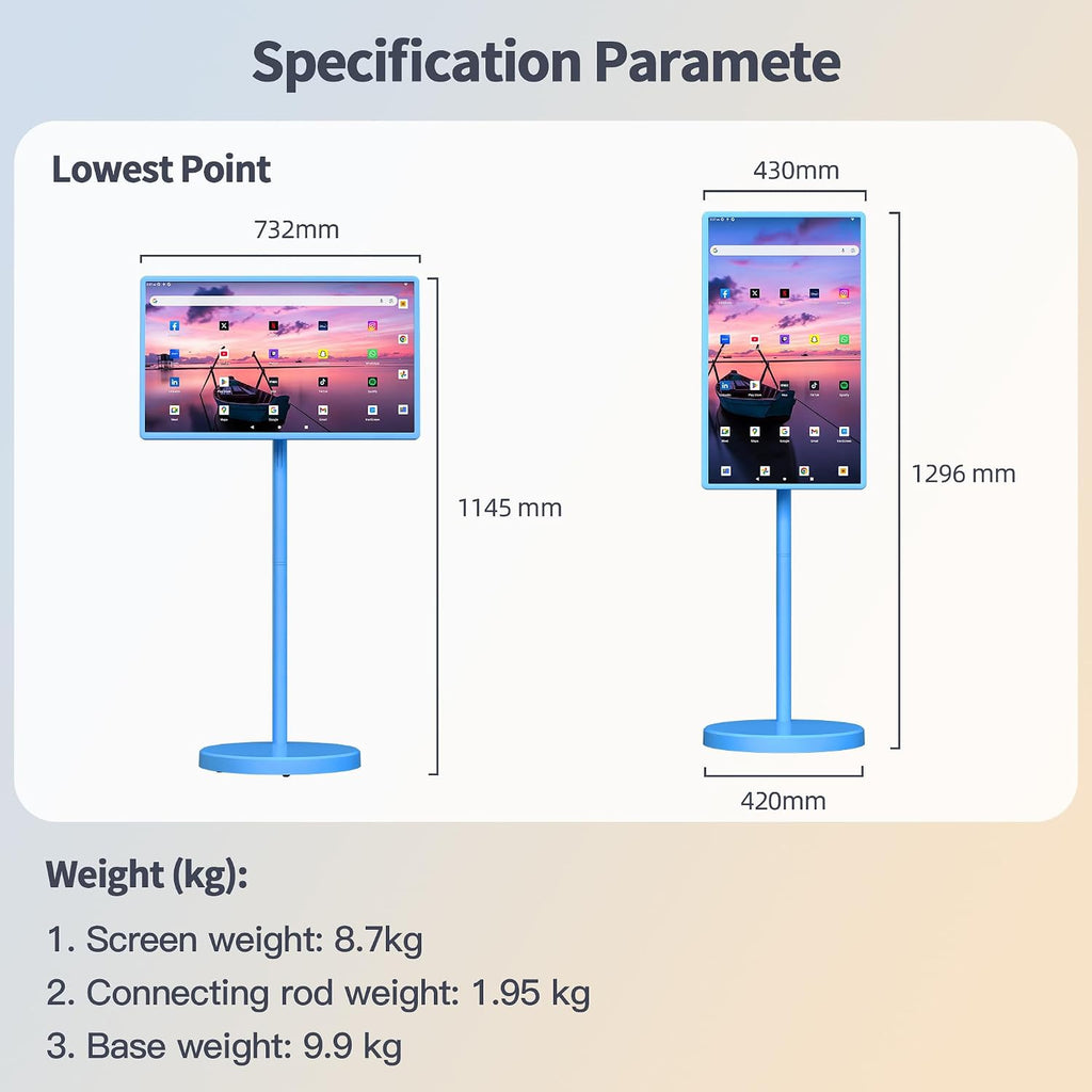 32 Inch Portable Smart TV | 1080P Touch Screen | Android 15 8G+128GB Storage | Movable Monitor on Wheels | 5MP Camera | 38,400 mAh Battery | Voice/Airmouse Remote Control | Versatile Rotatable Display