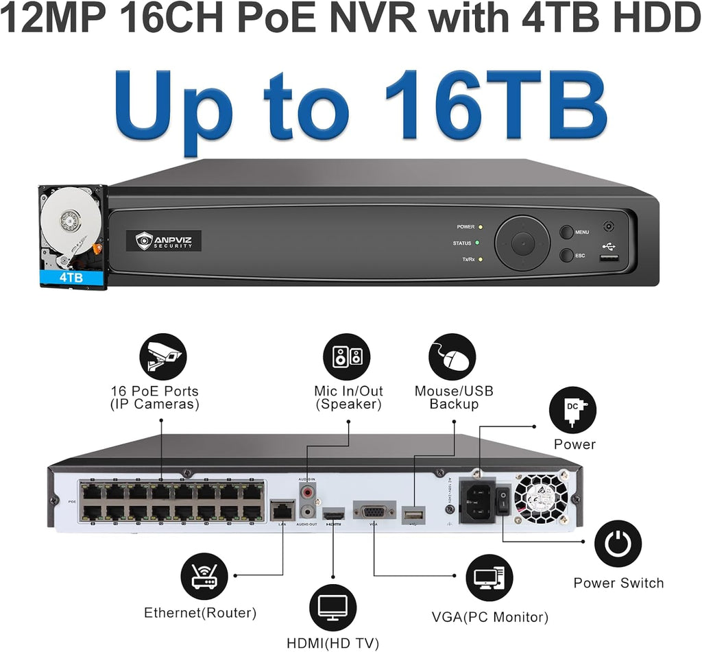 Anpviz 4K 16CH PoE Security Camera System, Smart Color Night Vision, 8X H.265+ Wired 8MP IP Cameras Outdoor with Mic, Human Vehicle Detection, 4TB HDD 16 Channel 12MP NVR, 24/7 Recording(H Series)