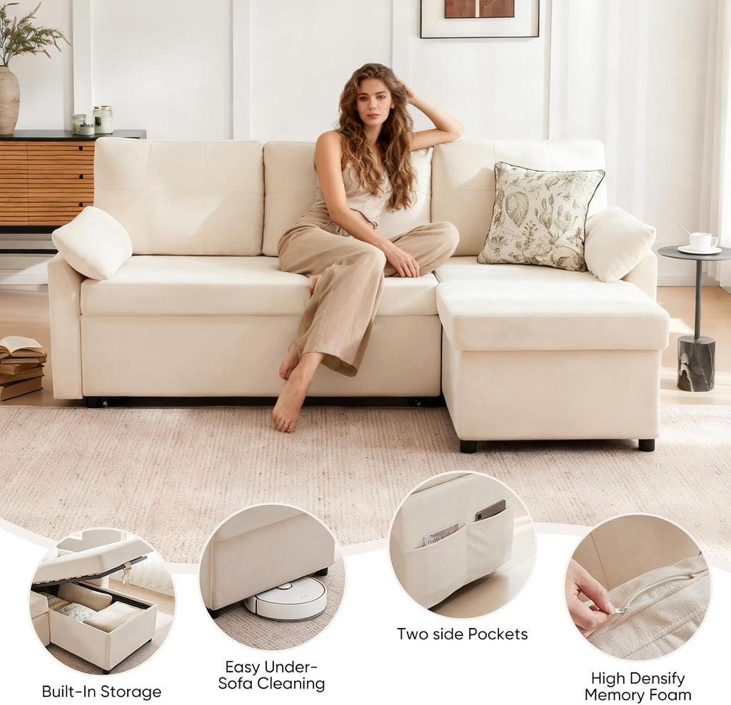 Waxberry 85' L Shaped Sectional Sofa Couch, Pull Out Couch Sleeper Sofa Bed for Living Room, Modular Chenille Deep Seat Sofa, Reversible Chaise, Storage, Side Pockets & Dual USB/Type-C Ports, Beige