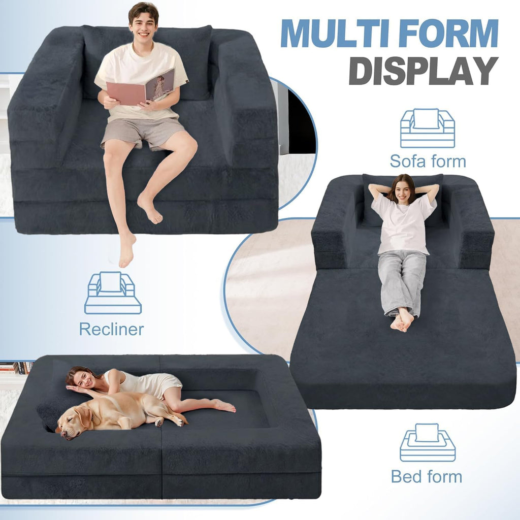 Futon Sofa Bed with Pillow, 3-in-1 Sleeper Sofa Bed with Removable Cover, Convertible Floor Sofa Bed, No Assembly Boneless Couch for Living Room, Bedroom