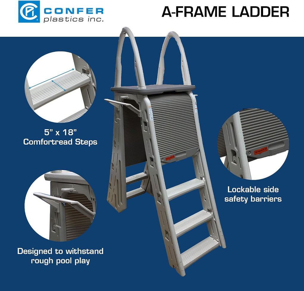 Confer Plastics 7200 Roll Guard 48' to 56' Adjustable A Frame Safety Above Ground Outdoor Patio Swimming Pool Platform Ladder with Step Barrier, Gray Deck & Tambour