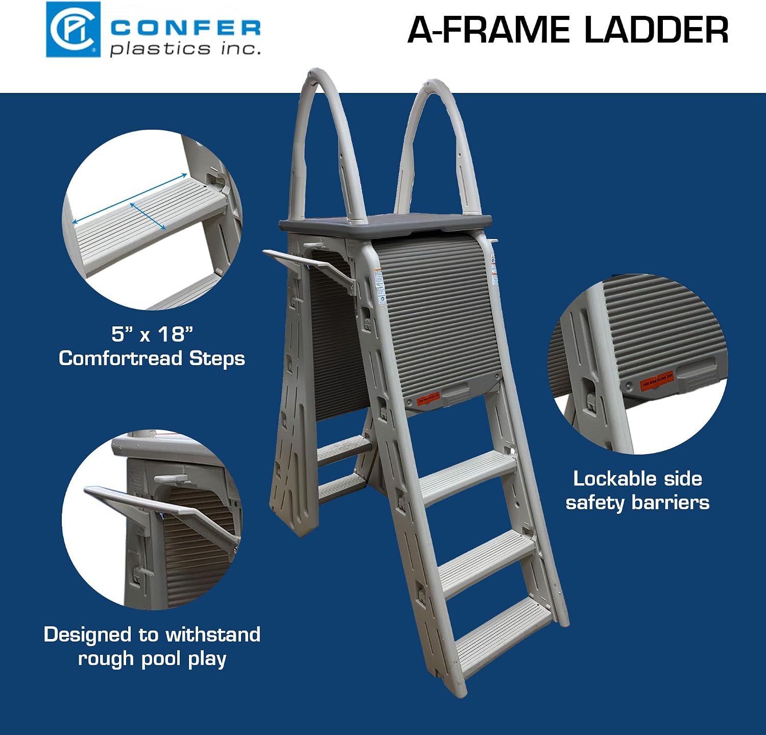 Confer Plastics 7200 Roll Guard 48' to 56' Adjustable A Frame Safety Above Ground Outdoor Patio Swimming Pool Platform Ladder with Step Barrier, Gray Deck & Tambour