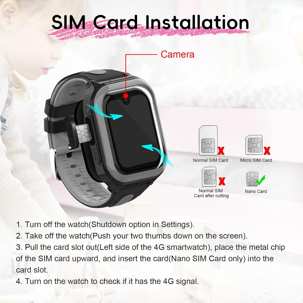 Wonlex 4G Smartwatch for Kids with SIM Card, 1.78 Inch Touch Screen Phone Watch with Video Calling, Voice Chat, SOS, Camera, Music, Pedometer, Birthday Gift for Girls and Boys 8-12 Years Old