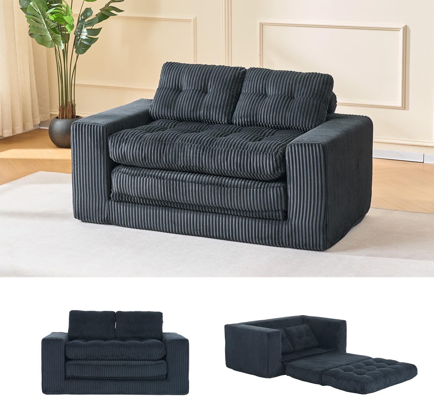 Fefances 55.1'Boneless Sofa Bed, 2-in-1 Convertible Loveseat & Folding Futon Couch, Small Space-Saving Design with Corduroy Fabric, for Living Room, Bedroom, Studio Apartment - Black