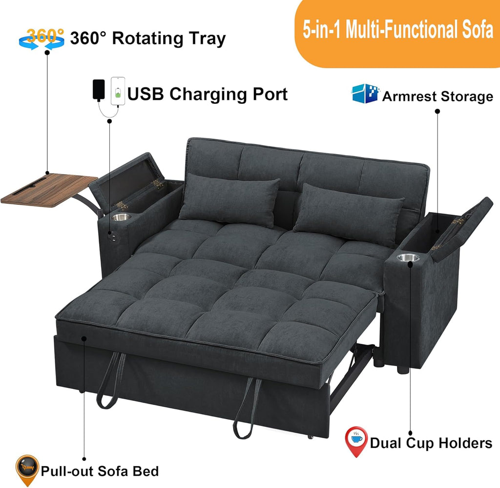 Auvsoce 65'' Convertible Sleeper Sofa Bed with Adjustable Backrest, Chaise Lounge, Side Table & USB/Type-C Ports – Stylish & Functional Addition to Any Living Room (Fashion Pink)