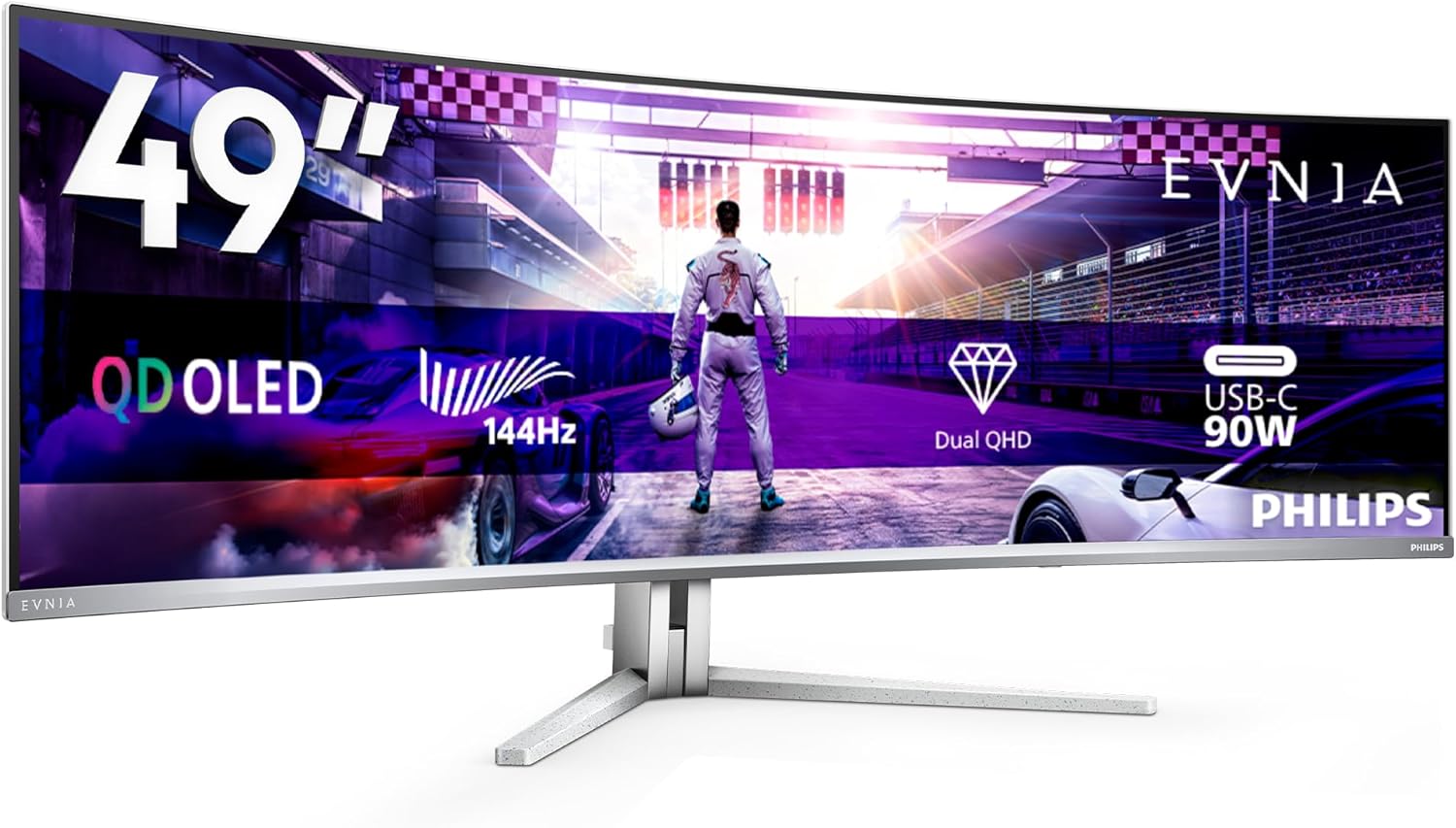 Philips Evnia 49M2C8900L - 49-inch DQHD OLED Curved Gaming Monitor, 144 Hertz, 0.03ms GtG, HDR400, Ambiglow, FreeSync Prem. Pro (5120 x 1440, HDMI 2.1, DisplayPort 1.4, USB-C, USB Hub) White