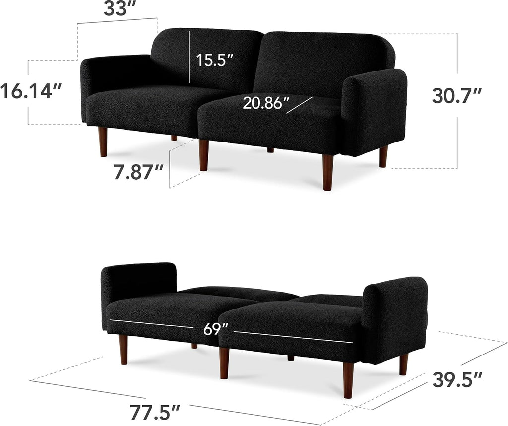 Best Choice Products 77' Mid Century Modern Boucle Loveseat Sofa, Couch, Convertible Sofa Sleeper Bed w/Real Wood, Removable Armrest - Midnight Black