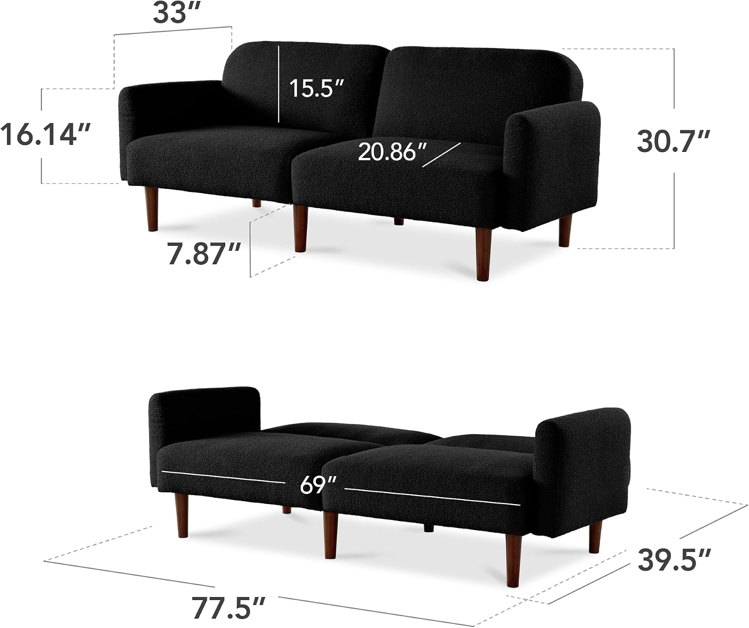 Best Choice Products 77' Mid Century Modern Boucle Loveseat Sofa, Couch, Convertible Sofa Sleeper Bed w/Real Wood, Removable Armrest - Midnight Black