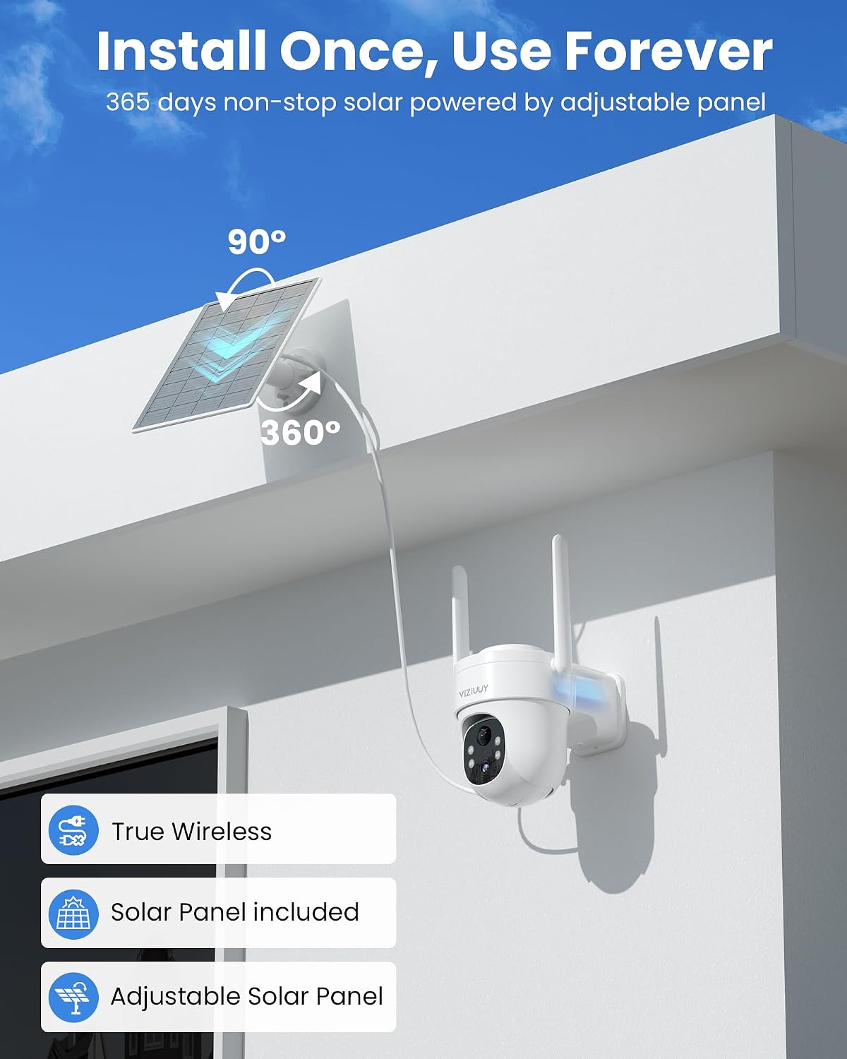 VIZIUUY Solar Security Cameras Wireless Outdoor, 2 Pack 3MP Security Cameras Wireless Outdoor, Pan Tilt 360°WiFi Camera with Color Night Vision/PIR Sensor/2-Way Audio/Alexa/Google Assistant
