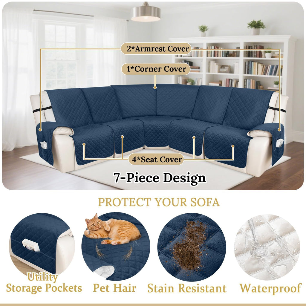 HDCAXKJ 100% Waterproof Velvet Recliner Sectional Couch Covers L Shaped Corner Reclining Sofa Cover Washable Thick Non Slip Sectional Slipcover with Pockets (5 Seat Recliner Couch, Dark Blue)