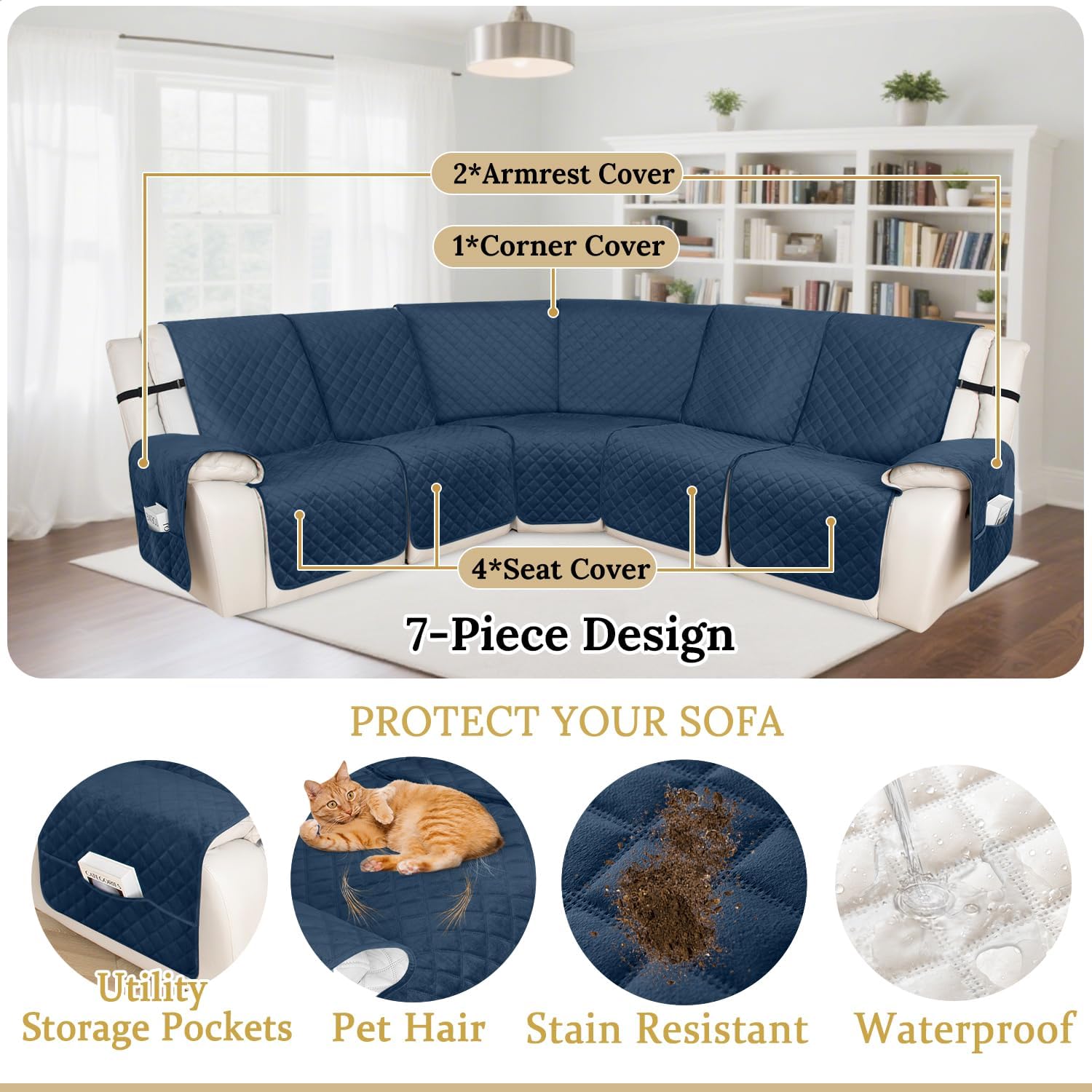 HDCAXKJ 100% Waterproof Velvet Recliner Sectional Couch Covers L Shaped Corner Reclining Sofa Cover Washable Thick Non Slip Sectional Slipcover with Pockets (5 Seat Recliner Couch, Dark Blue)