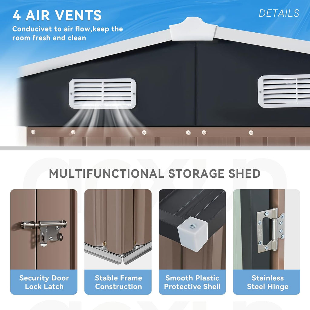 Aoxun 8x6 FT Outdoor Storage Shed - Metal Shed with Lockable Doors & Air Vents, Waterproof Outside Storage Shed for Tool, Garbage Can, Bike, Mower, for Backyard Garden Patio, Brown