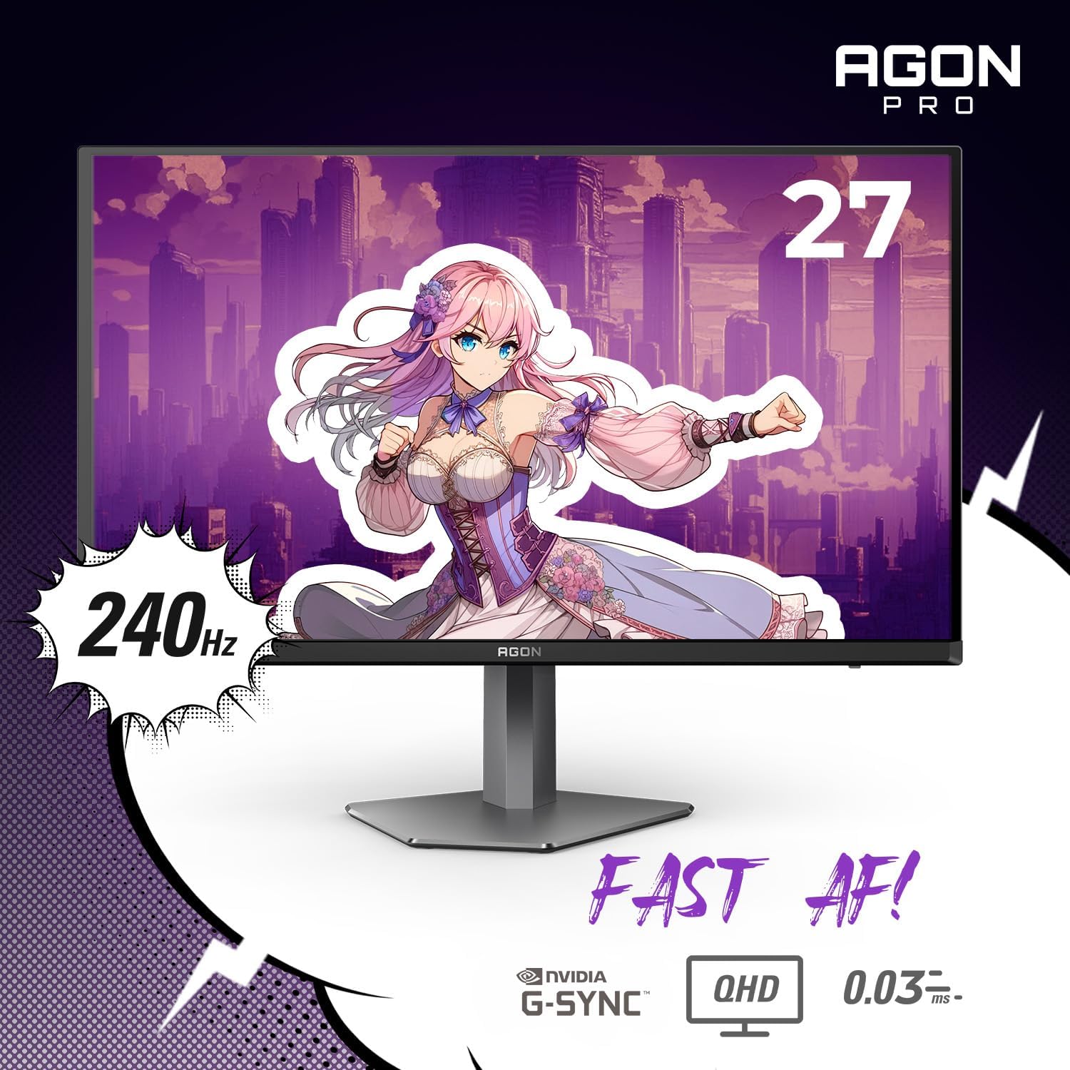 AOC Agon PRO 27' QD-OLED Gaming Monitor, QHD 2560x1440, 240Hz, 0.03ms GtG, HDR400 True Black, Adaptive Sync, Height Adjustable, DisplayPort, HDMI, USB, Built-in Speakers, AG276QZD2