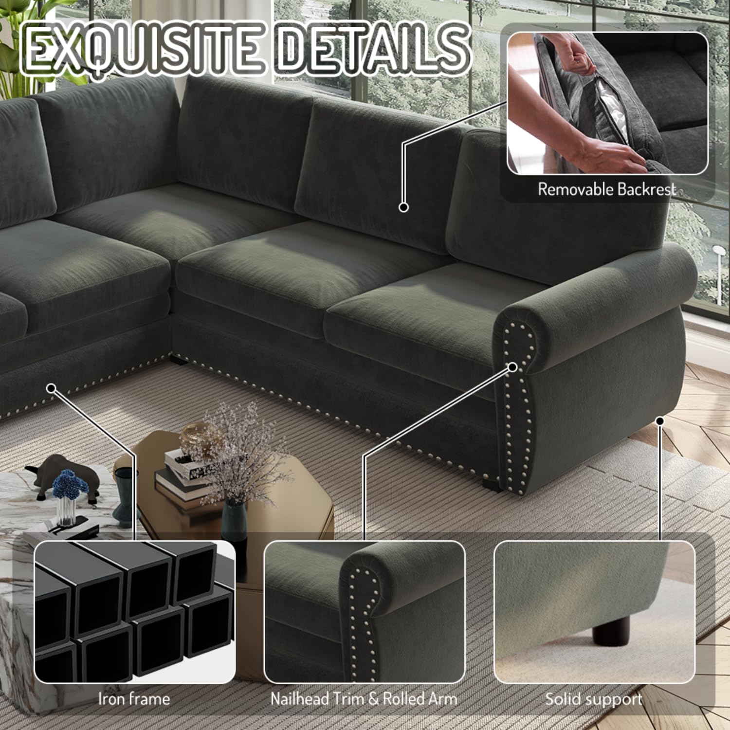 88.2' Sectional Sleeper Sofa with Pull Out Bed - Oversize L-Shaped Convertible Sleeper Couch Bed, Button Tufted Chesterfield Sofa, Chenille Vintage Couches for Living Room(4-Seater, Dark Grey)